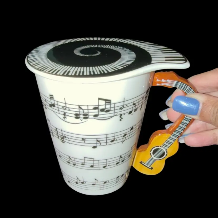White Ceramic Mug Music Note/ Guitar Handle Coffee Cup With lid