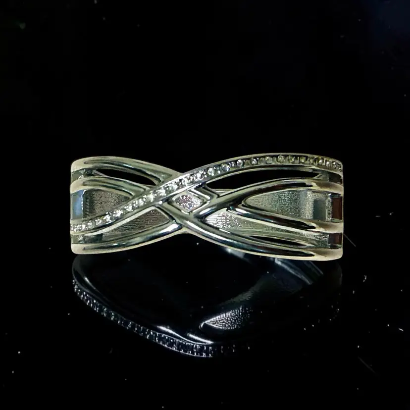 Shiny Silver Tone Rhinestone Accent Clamper Bracelet