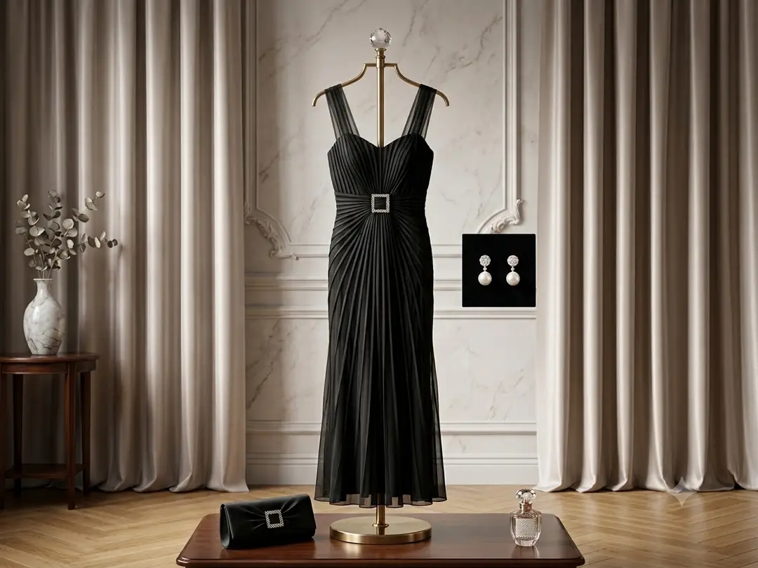 Chic Black Pleated Cocktail Dress with Accessories