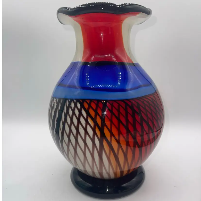 Art Glass Vase 10” Multi Colors Unique Design Red Blue Brown