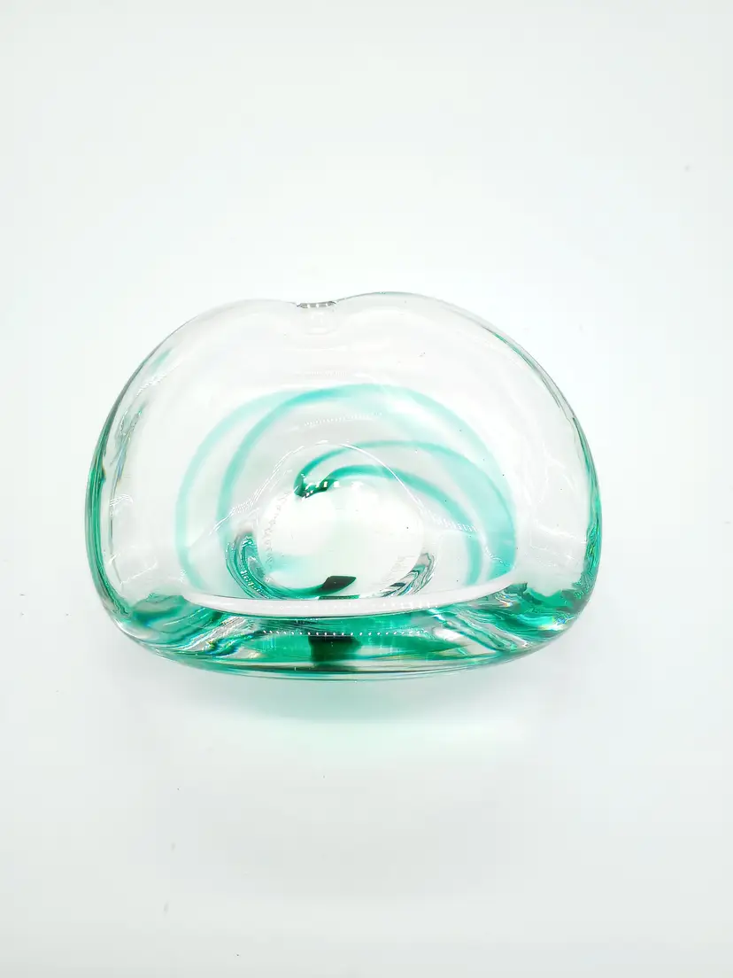 Vintage Art Glass Ashtray From Maastricht Holland Green Swirl Circa 1960's. Signed