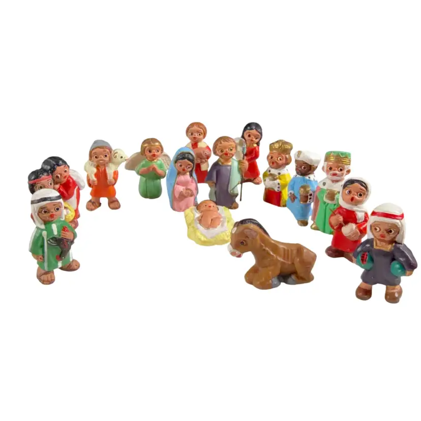 007. Rare Vintage Miniature Spanish Mud People Nativity 16 Pcs 2”tall