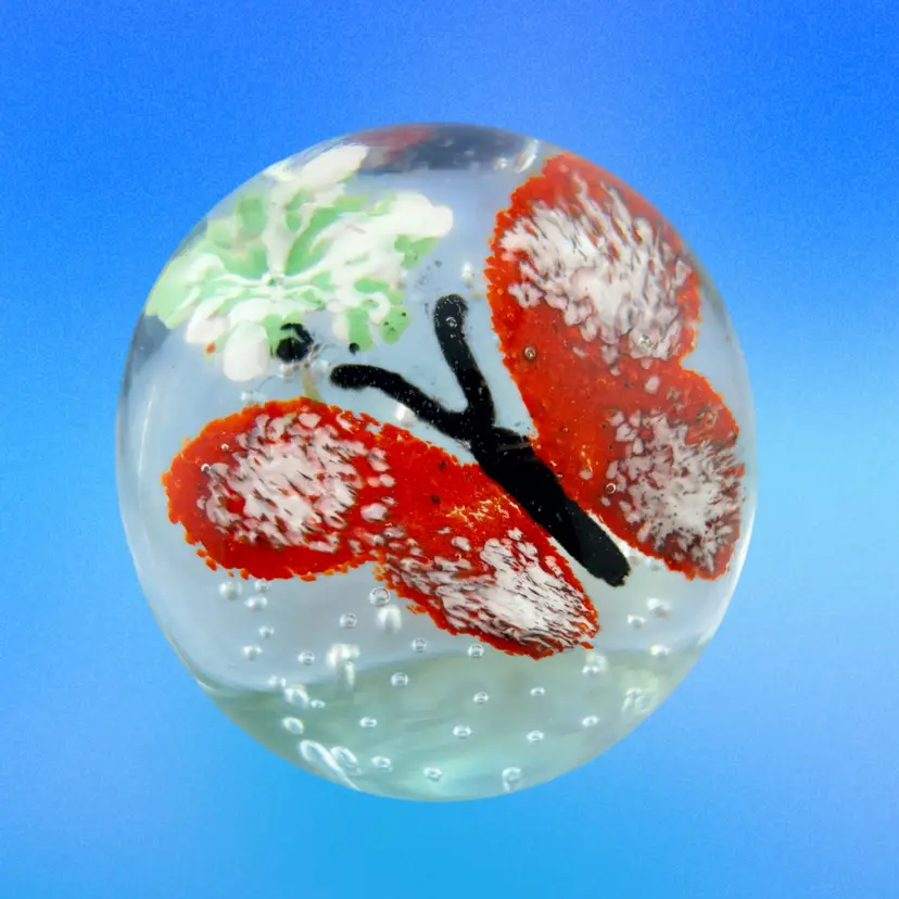 Vintage Red Butterfly Floating In Paperweight 3” x 3”