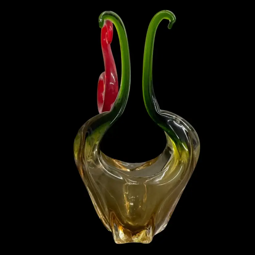 Vintage Italian Art Glass Basket Vase Green And Yellow