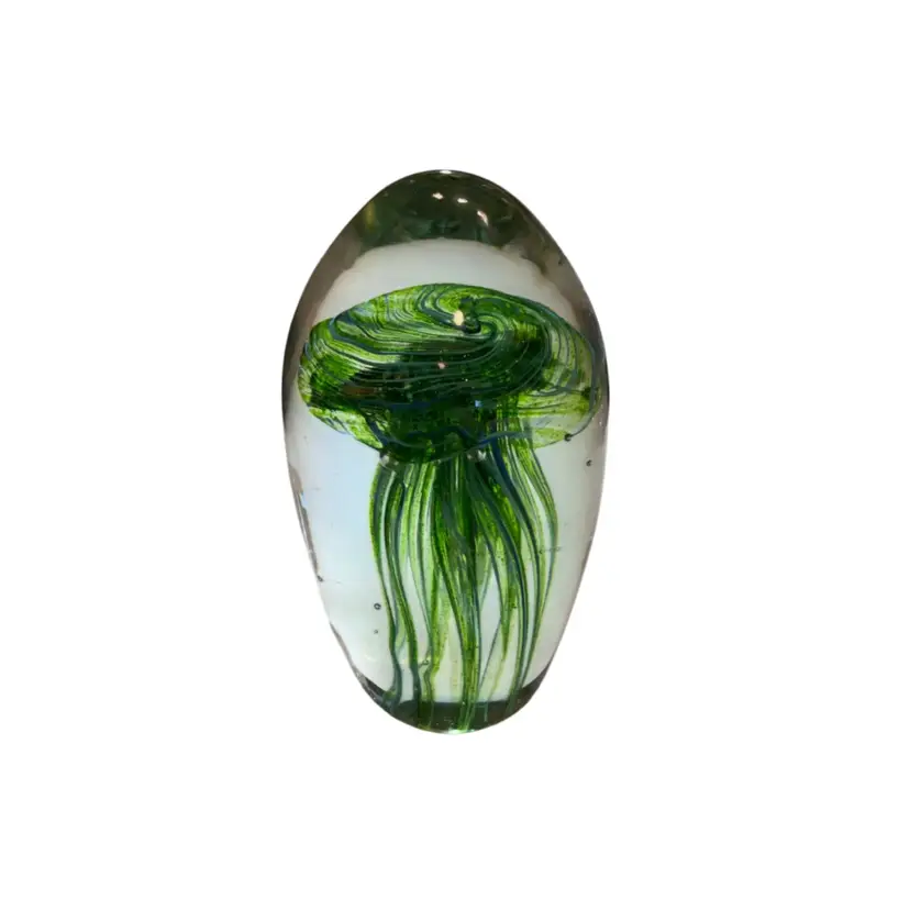 Green Jellyfish With Glittery Top Glass Paperweight