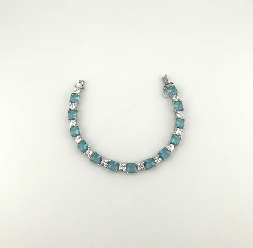Silver Tone Blue and Clear Stone Tennis Bracelet 7”