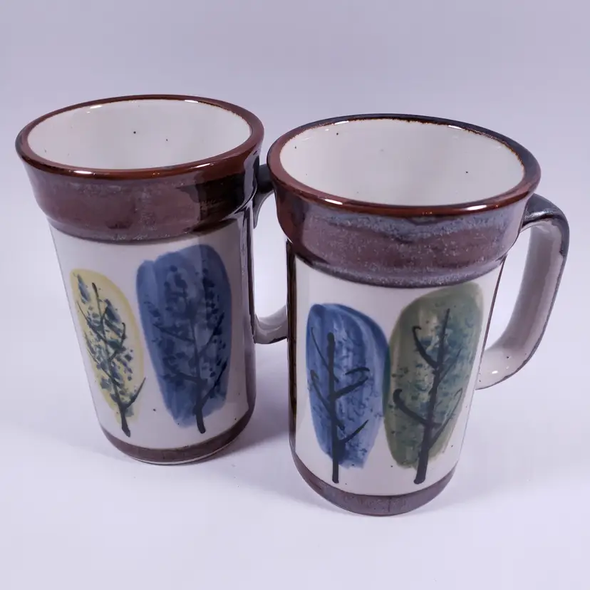 Vtg Otagiri Blue Green Leaf Metallic Farmhouse Tall Speckled STONEWARE MUG SET