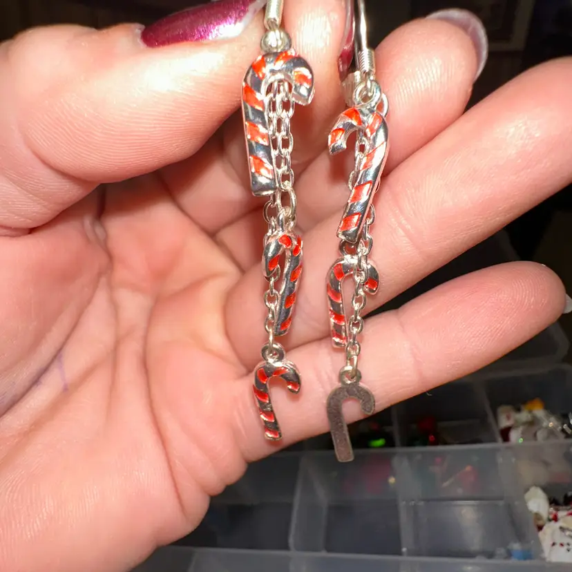 Silvertone Triple Candy Cane Dangle Earrings