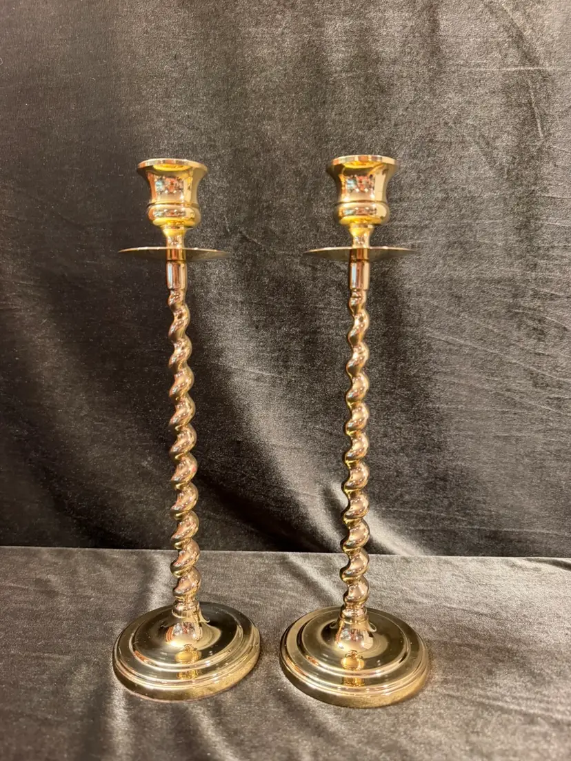Vintage Pair Baldwin Twisted Brass 10" Tapered Candlestick Holders •