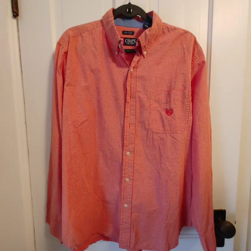 Men's Top- Brand: Chaps. Size Large. Orange checkered button down shirt. Material: 60% cotton, 40% polyester. No callouts.