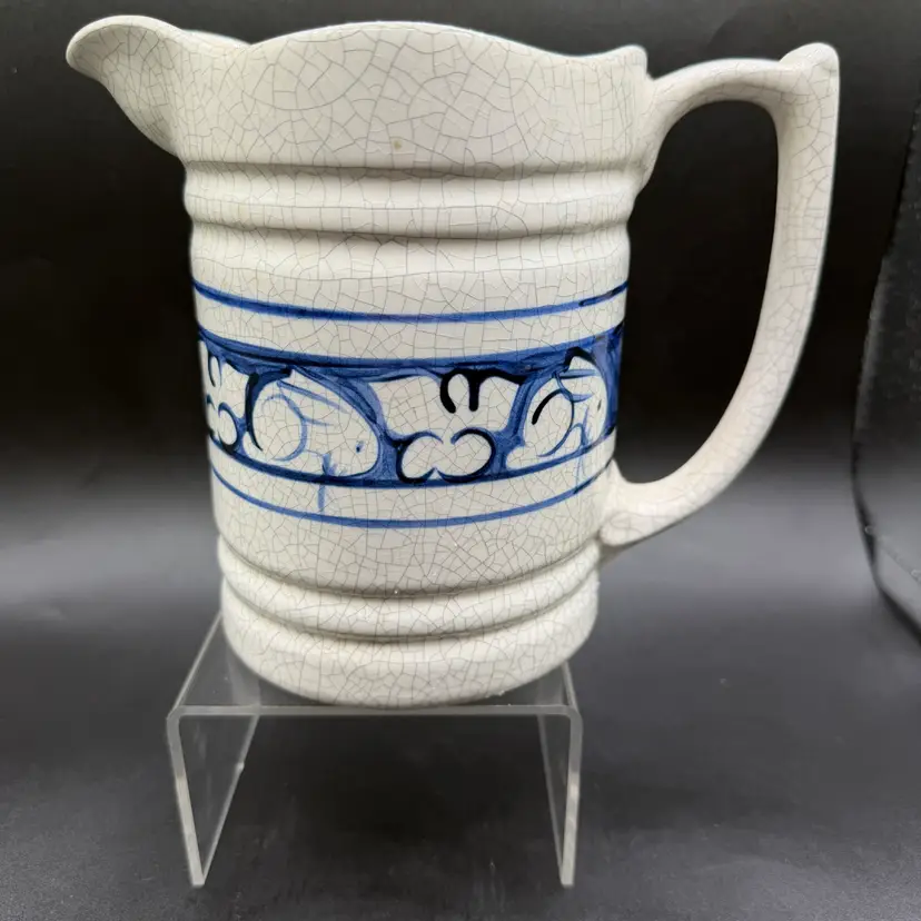 Vtg 1996 Potting Shed Dedham Style Rabbit Pitcher 6.25” Blue White Crackle Glaze
