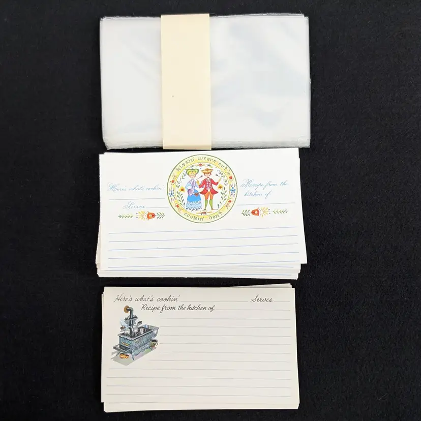 Vintage 37 Recipe Cards 23 Couple Fold Over 14 Stove plus 30 Plastic Sleeves