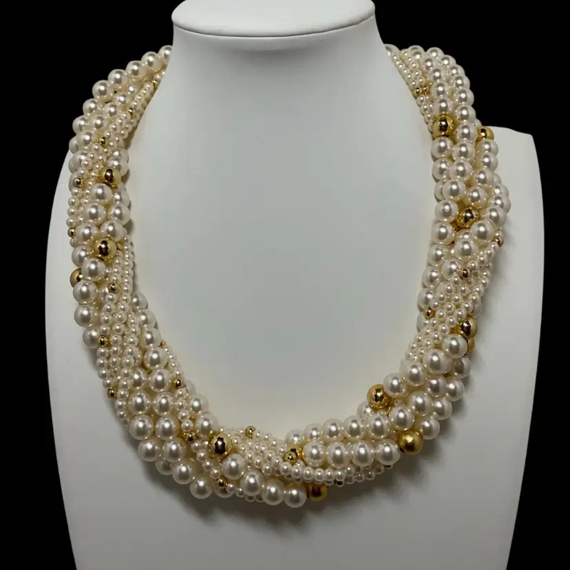 #01 - Faux Pearl And Goldtone Bead Multi strand Necklace - 18”