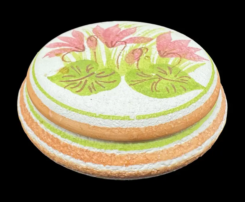 Signed Moses Cyprus Vintage Hand Painted Ceramic Pottery Trinket Box Floral 3.5”