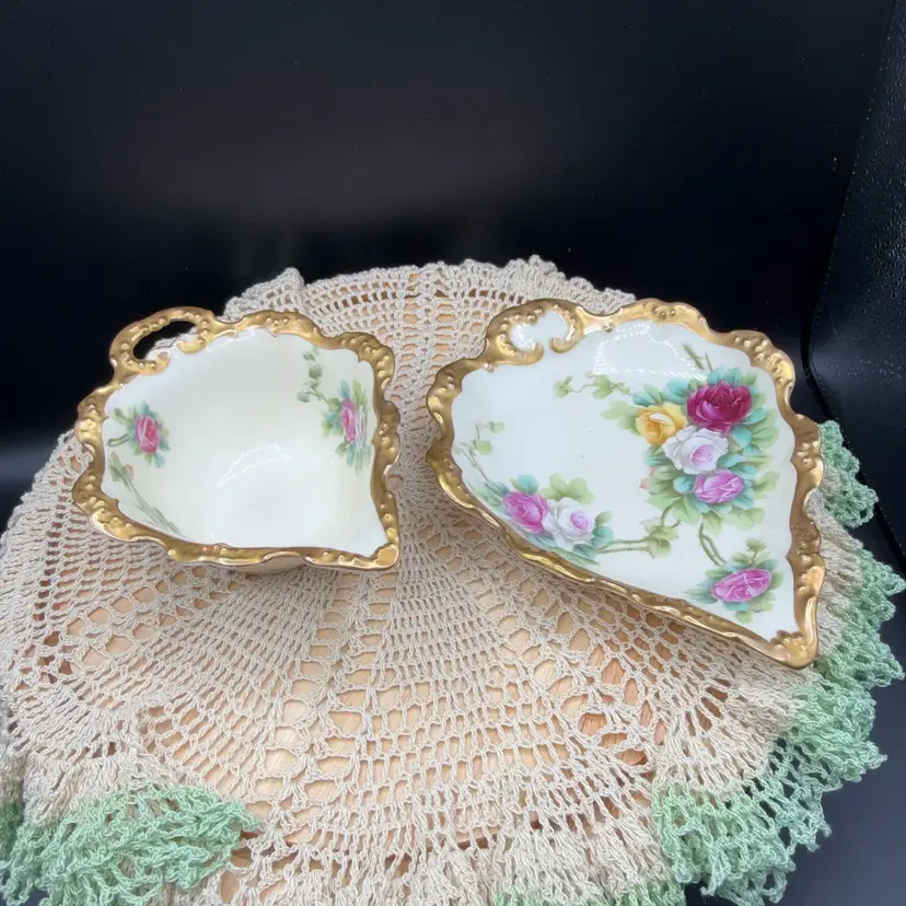 🐞 Antique T&V Limoges France Hand Painted Porcelain Leaf Dish & Nappy Bowl Set c.1892-1907