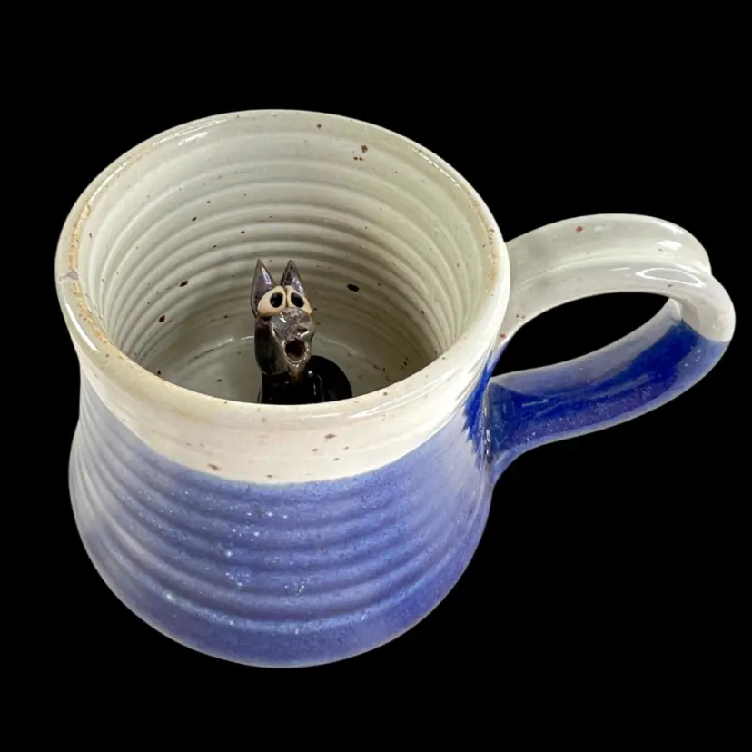 1997 Dragon Mug - Clay Images by Melissa Hogenson Pottery - Blue & Speckled White Mug with Surprising Inside Figurine Of A Cute Dragon *RIM CHIP*