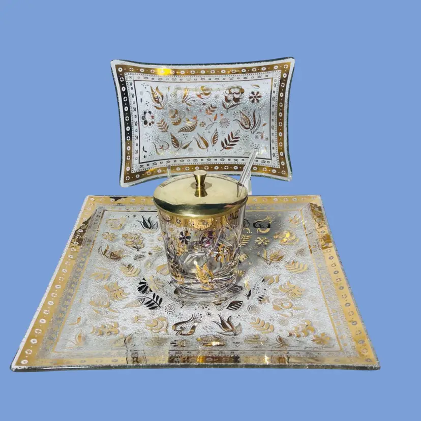 #151- Glass Appetizer Condiment Set Signed Georges Briard ”Persian Garden” Trinket Tray 22-karat Gold Bent Glass Flower Greenery Motif With geometric Trim
