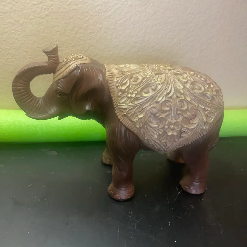 Gorgeous Gold & Brown Ornate 10” Wooden Trunk Up Elephant
