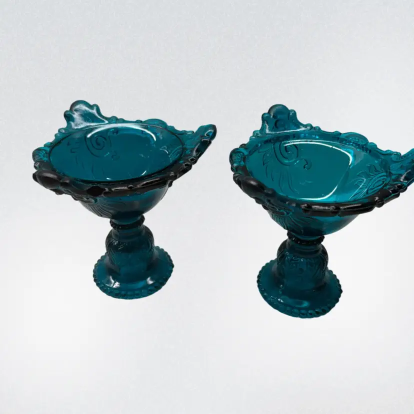 Pair Vtg Blue Compote Pedestal Dish - Tiara / Indiana Style - Jewel & Flower