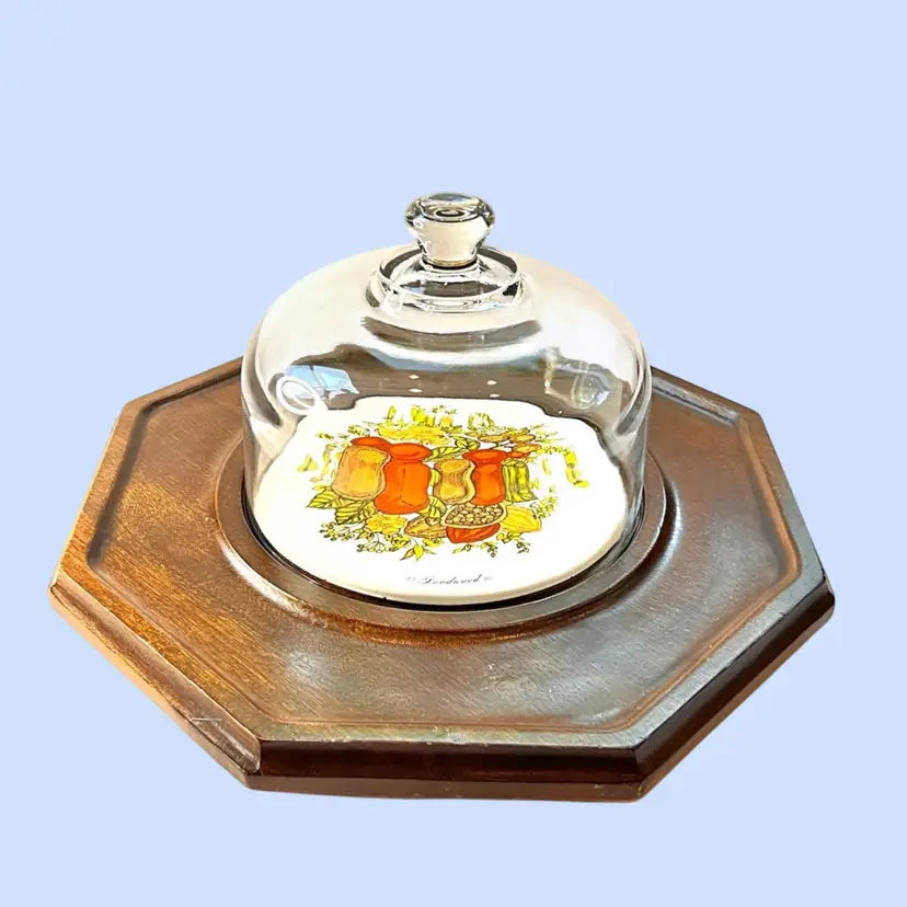 #212- Vintage Covered Trivet Tray Appetizer Cheese & Cracker w/ Glass Dome Cloche By Goodwood 1970s