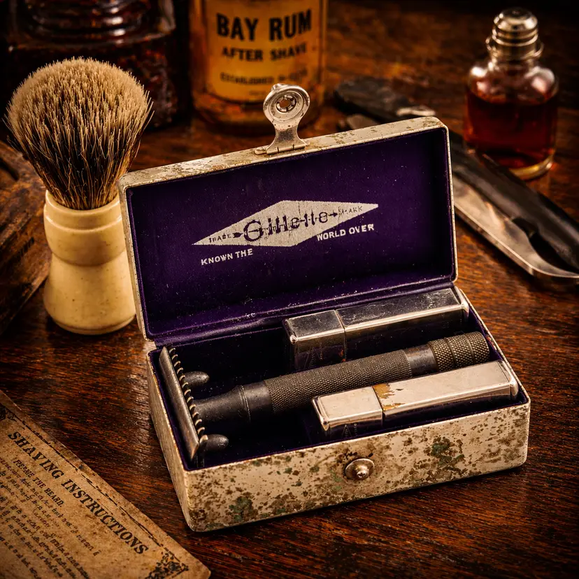 Antique Gillette Razor Set, Old Type Travel Shaving Kit, Purple Velvet Lining