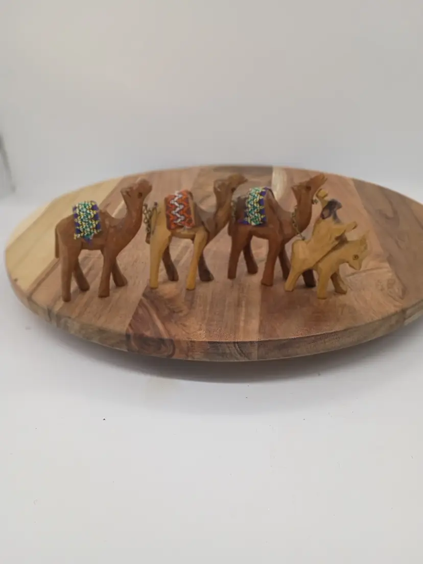 Hand Carved Olive Wood Chained Camels(3) and Donkey with Rider Nativity Piece or Figurine.