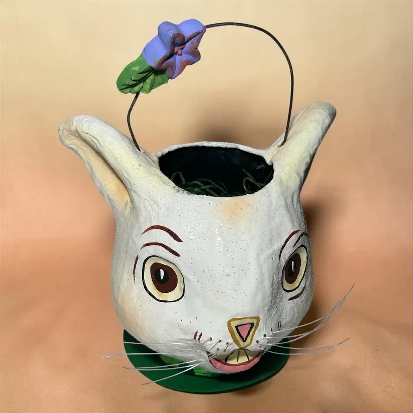 Dept 56 Easter / Spring Paper Mache Bucket Glitter White Rabbit Bunny W/ Flower