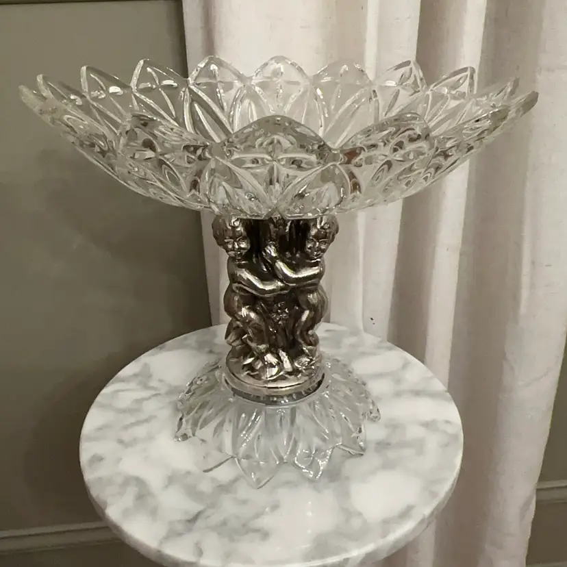 🔔 Vintage Hollywood Regency Silver Tone Cherub Compote Dish | Federal Glass Petal Pattern Cut Glass Pedestal Bowl, Mid-Century Centerpiece Candy Dish 9” T x 10” w