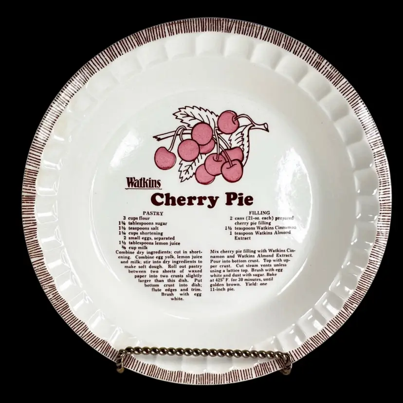 Watkins 10-3/4” Cherry Pie Recipe Vintage Ceramic Pie Plate