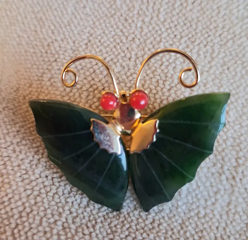 Vintage Butterfly Brooch Pin Green Wings Red Eyes