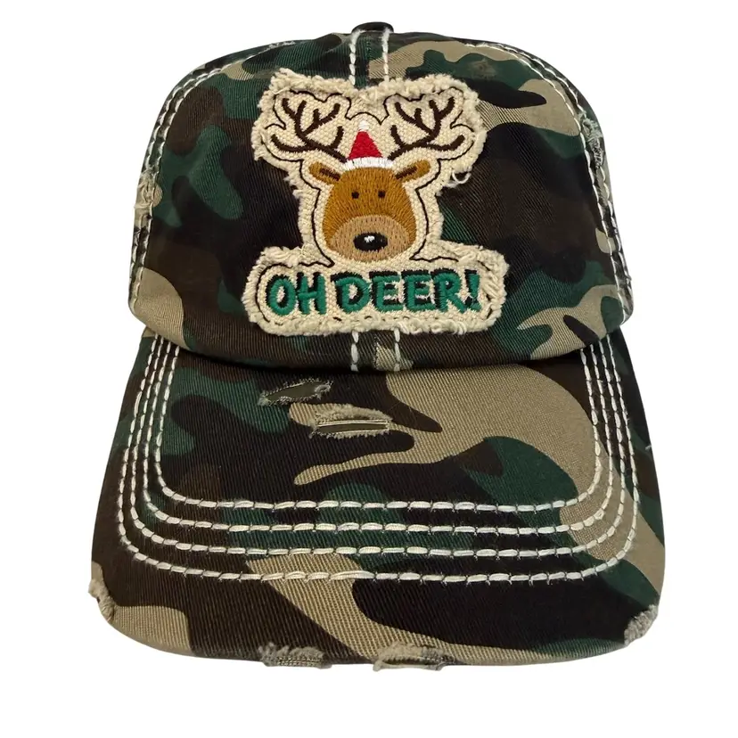 Distressed Camouflage “Oh Deer” Christmas Deer Embroidered Adjustable Hat NWOT
