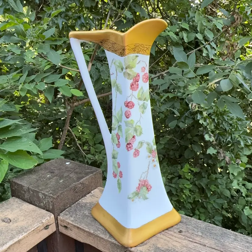 Vintage 14” Artist Signed Hand-Painted Raspberry Vine Pitcher