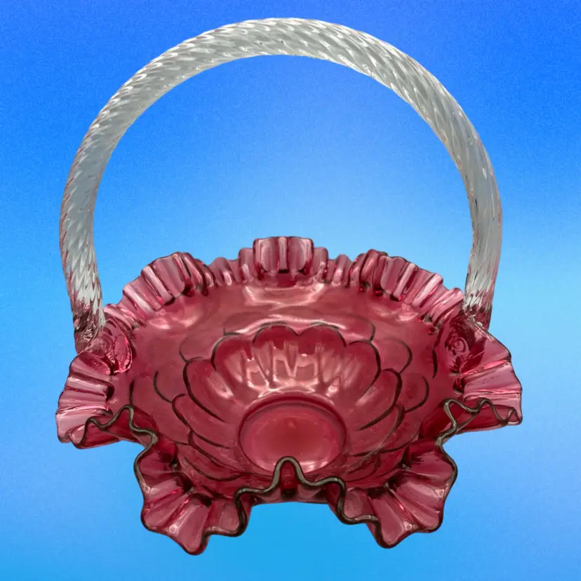 Fenton Cranberry Glass Ruffled Edge Basket With Twisted Clear Handle 9”x 9”
