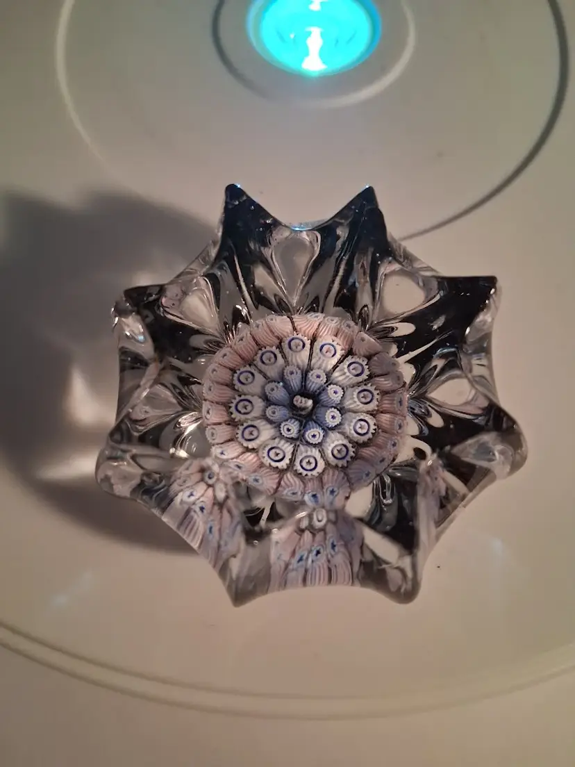 Gorgeous, Scarce, St. Kilda by John Deacons Millefiori Art Glass Concave 8 Point Star Paperweight