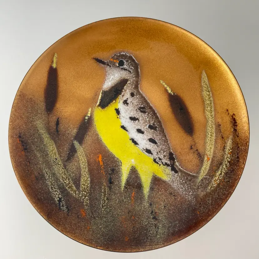 READ Bovano of Cheshire Enamel on Copper Meadowlark Bird & Cattails Dish Plate Vintage 6”