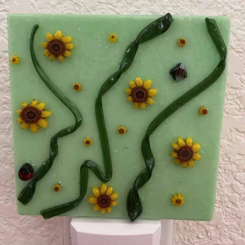 Made by Me! Fused Glass Nightlight Sunflowers Design 4” x 4” Studio Art Handmade READ