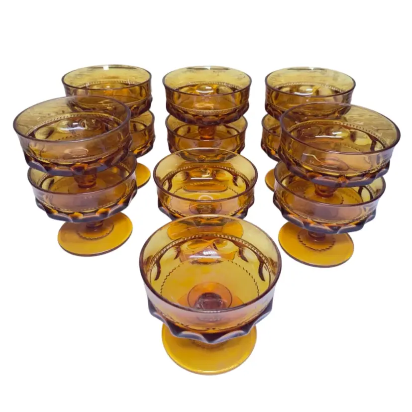 Indiana Glass Kings Crown Thumbprint Amber Sherbet Champagne Glass MCM VTG Lot of 12