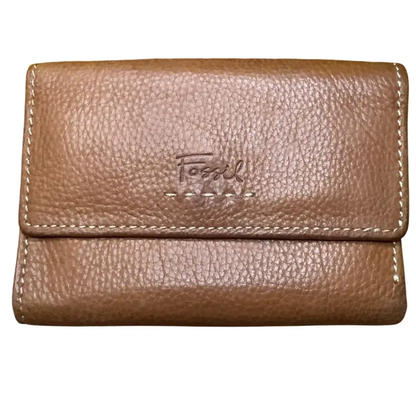 Apprx 4x6” Brown Leather Fossil Trifold Wallet w/Outside Zipper Pouch - Excellent Condition