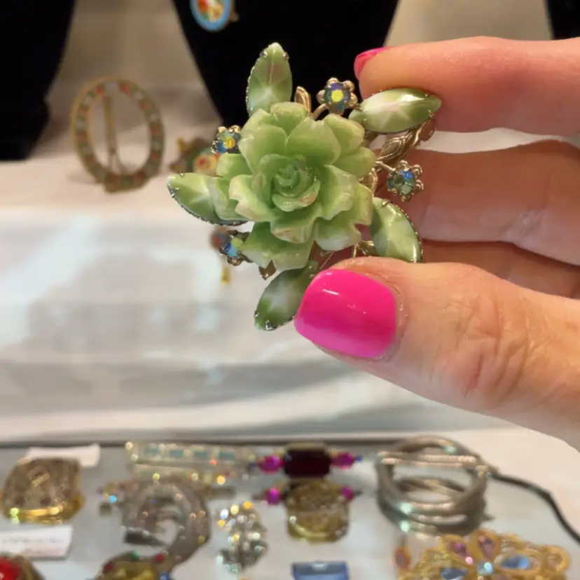 Light Green Brooch With AB RS Outer And Plastic Or Celluloid Material For Flower Unsigned