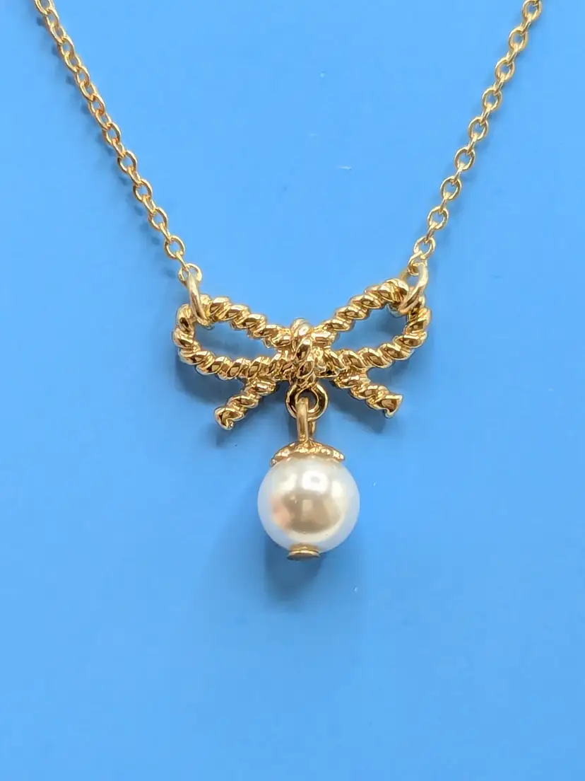 Draper James Gold Tone Bow Necklace with Faux Pearl Drop NWT