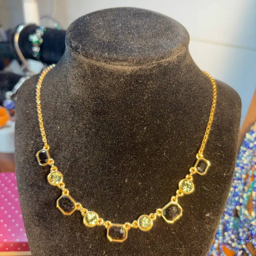 Crystal And Onyx Colored Gold Tone Necklace