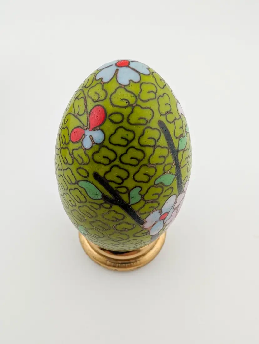 Vintage Cloisonne Egg Cherry Blossom Design with Brass Stand New Old Stock
