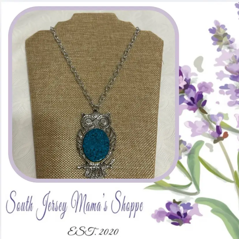 Vintage Silver Tone Owl With Faux Turquoise Pendant Necklace (103)