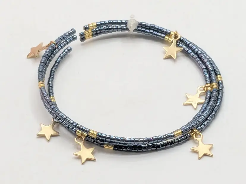 Gold Tone Star Charms Blue Beaded Bracelet Set of 3 NWOT
