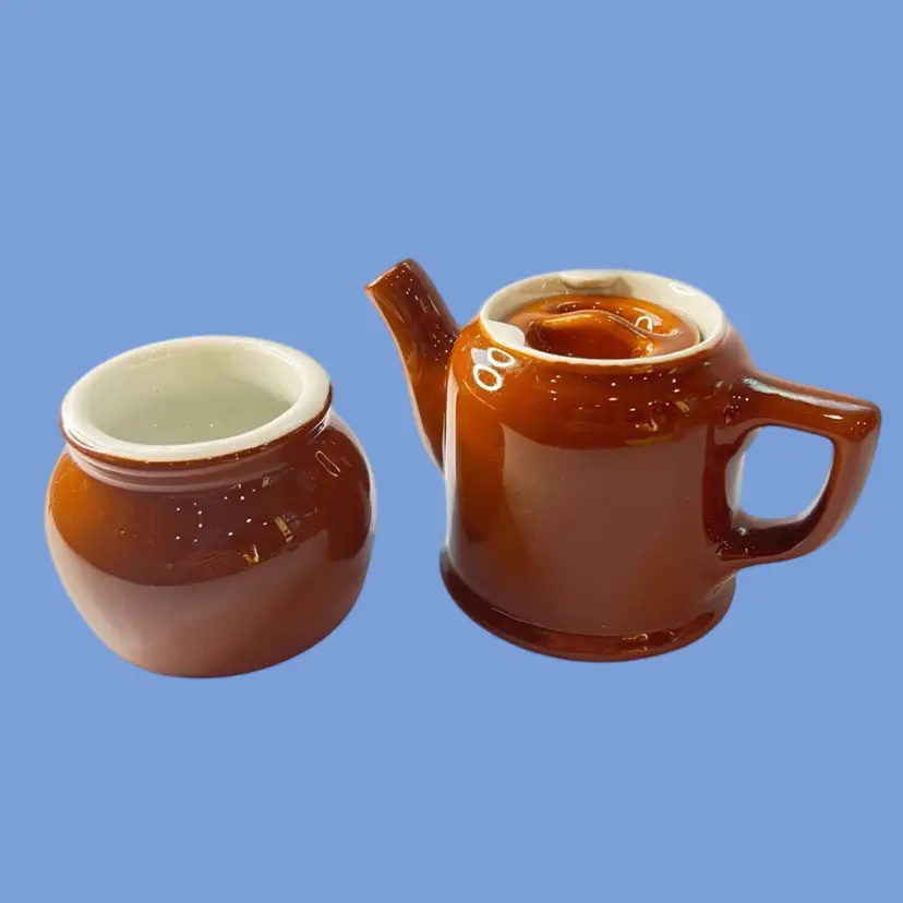#175- Cream & Sugar Set Boston Brown Glaze By Hall Pottery USA Restaurant Ware Coffee Tea