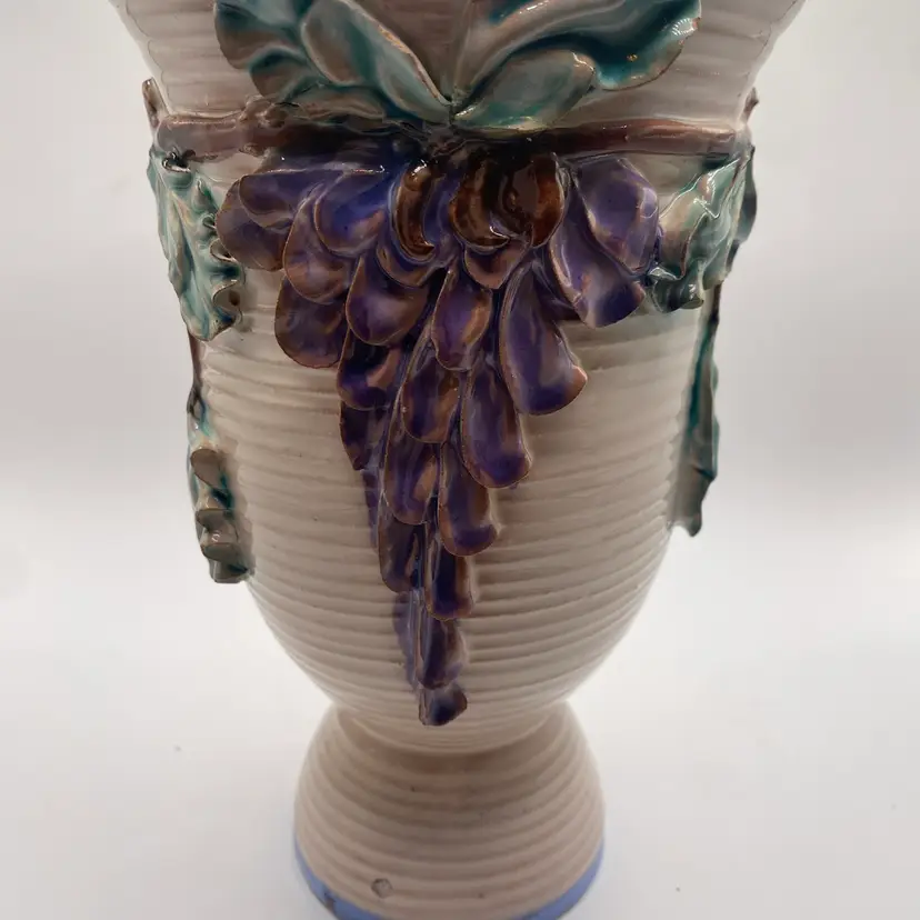 Vintage Italian Majolica Pottery Vase Sculpted Grape Cluster Relief Lilac Italy