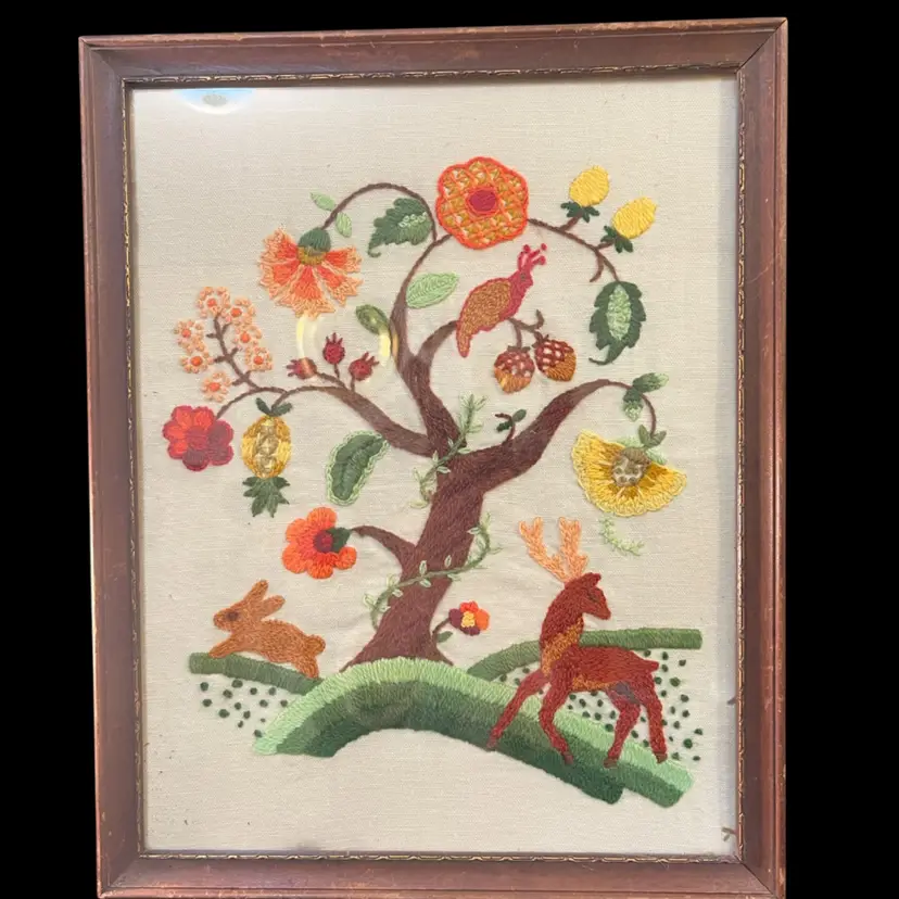 Vintage Crewel Needlework "Tree of Life" Framed Art