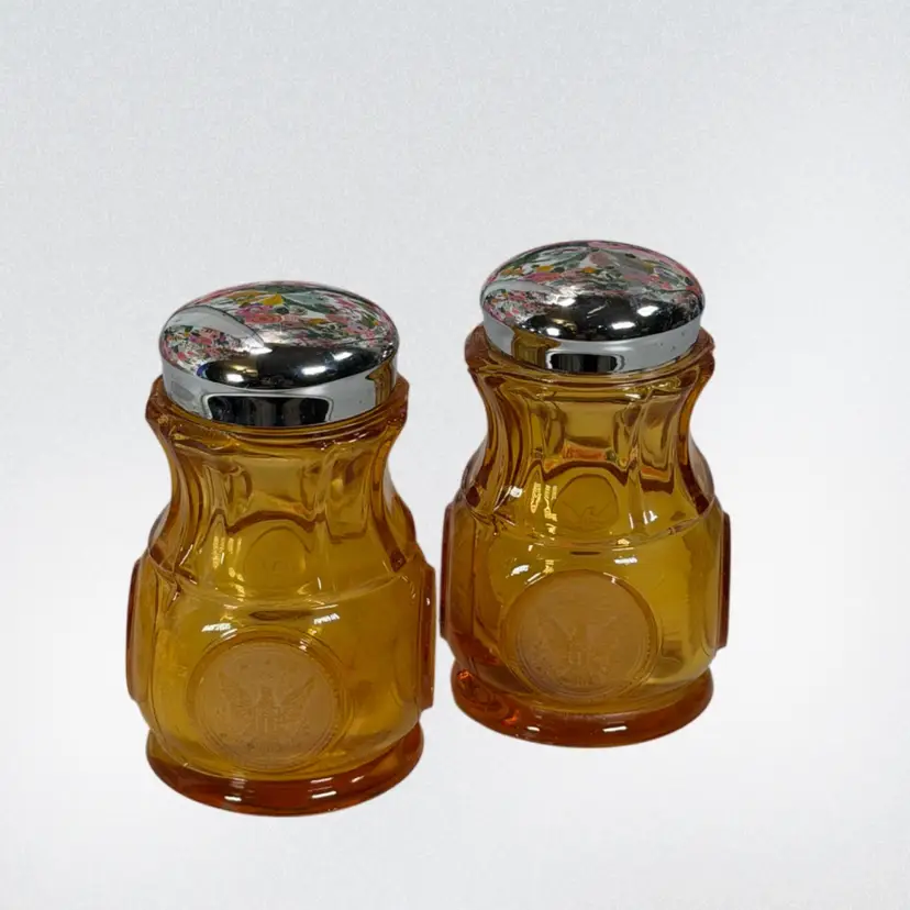 Vintage Amber Glass Bicentennial Salt & Pepper Shakers | 1776–1976 Liberty Bell & Eagle | Set of 2 | Chrome Lids
