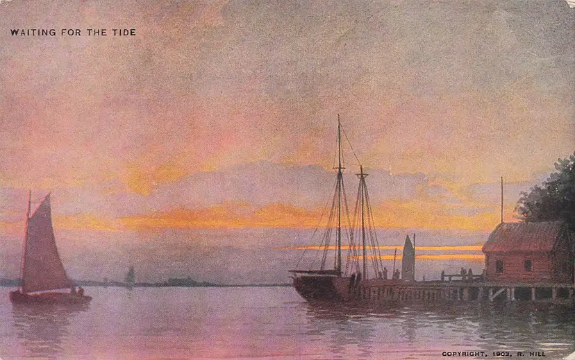 1903 Waiting for the Tide R Hill Sailboats Harbor Antique Postcard Maritime