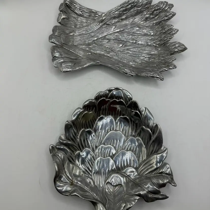 Vintage Fitz & Floyd Metal Serveware Artichoke & Asparagus Vegetable Dishes
